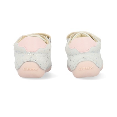 Sapatilhas Geox bébé cinza com detalhes rosa e padrão pontilhado prateado vistas de trás