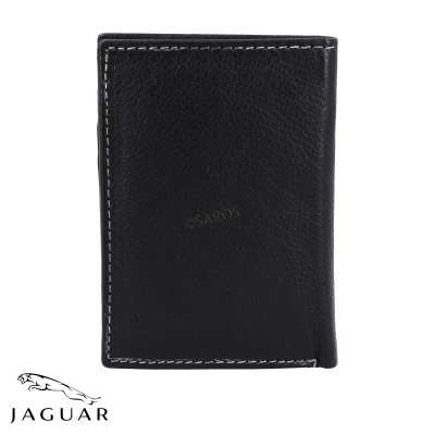 Carteira preta de couro com costura branca e logótipo Jaguar