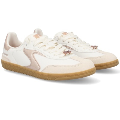 Sapatilhas Skechers brancas com detalhes rosa dourado e sola castanha