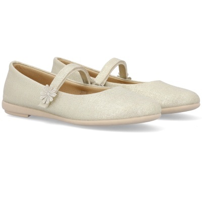 Sapatilhas tipo Mary Jane bege com detalhe floral na tira