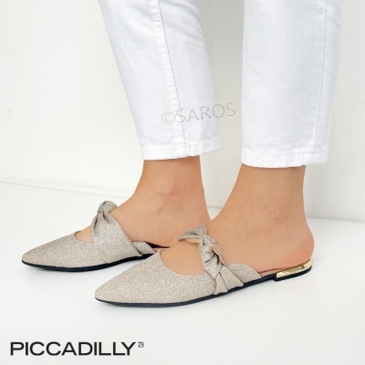 mules femininos brilhantes tom bege com laço e salto dourado