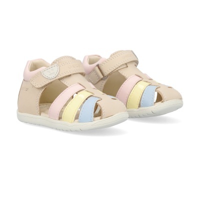 Sandálias bebé pele bege com tiras coloridas e fecho de velcro GEOX