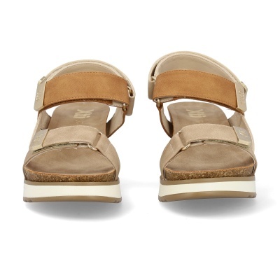 Sandálias femininas bege e castanho com solado branco e detalhes dourados