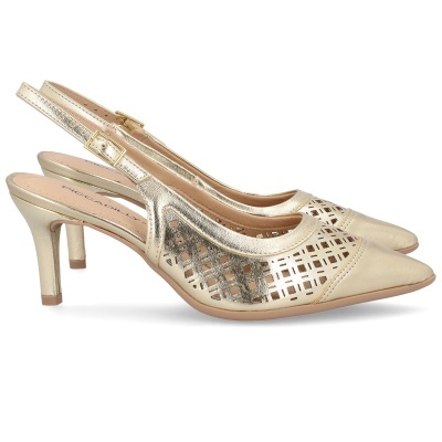 Sapatos de salto médio dourados com corte laser e alça ajustável