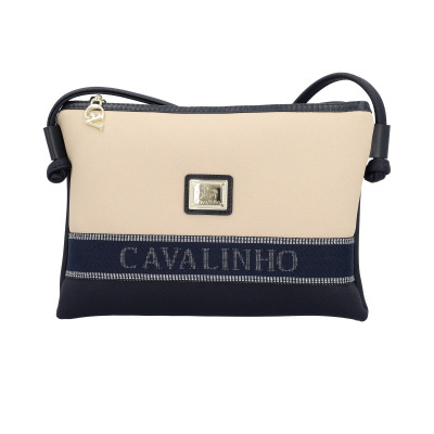 Bolsa pequena bege e azul escuro Cavalinho com alça de tecido torcido