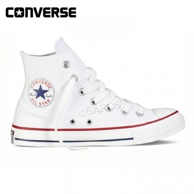 Ténis Converse All Star altos brancos com sola branca e riscas vermelha e azul