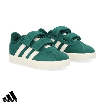 Ténis infantis verdes Adidas com tiras de velcro e riscas brancas