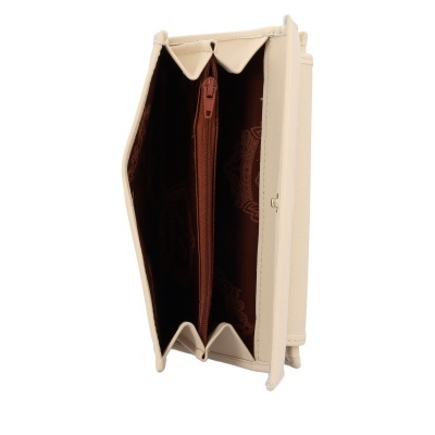 Carteira bege claro aberta com interior castanho e fecho castanho