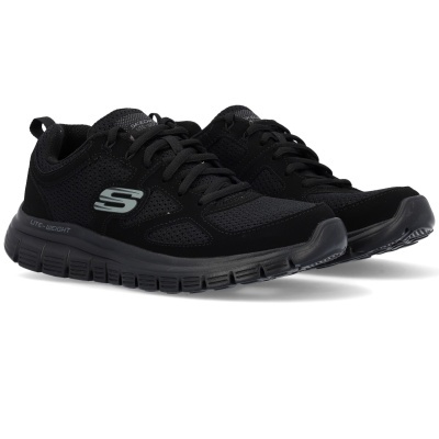 Sapatilhas pretas Skechers com logo cinzento e sola preta