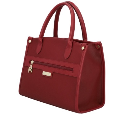 Mala de mão feminina vermelha com fecho e etiqueta dourada