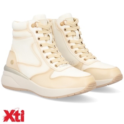 Ténis desportivos de cano alto em tons cru e bege com sola grossa