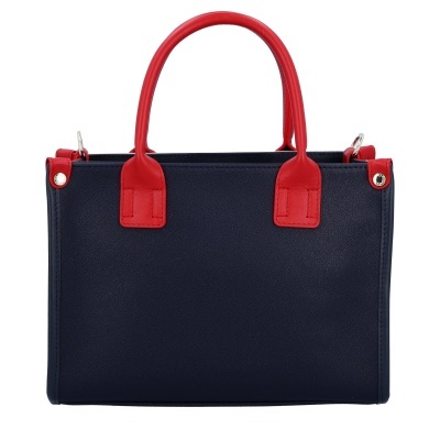 Mala de mão azul escura com alças vermelhas e detalhes metálicos