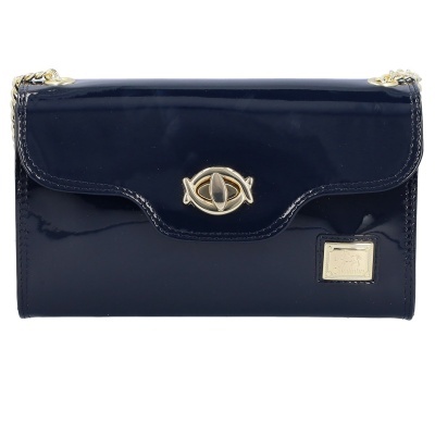 Carteira azul escuro em verniz com fecho dourado e corrente