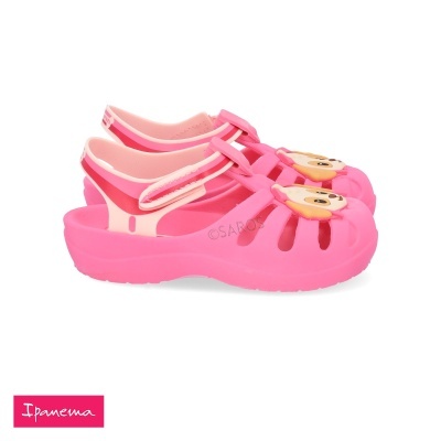 Sandálias infantis cor de rosa com carinha de cão