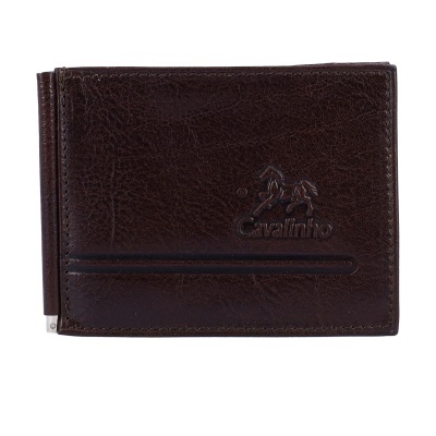 Carteira masculina em couro castanho escuro com logo Cavallinho e faixa preta horizontal