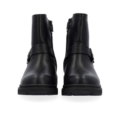 Botins pretos em pele com fivela e fecho de correr