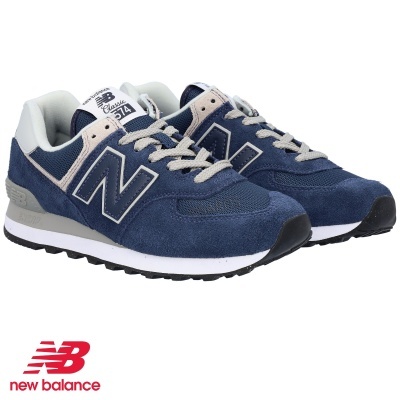 Ténis New Balance 574 azuis e cinzentos com sola branca e preta