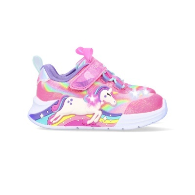 Ténis infantil colorido com unicórnio e padrão de arco-íris