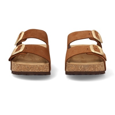 Sandálias castanhas em camurça com fivelas douradas e sola de cortiça