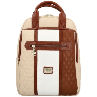Mochila Cavalinho em bege, branco e castanho com padrão matelassê e fecho de correr