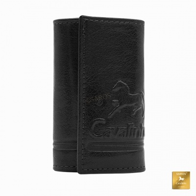 Carteira preta de couro com relevo e costuras