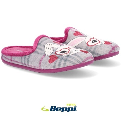 Chinelos de quarto femininos cinzentos com rosa e coelhinho