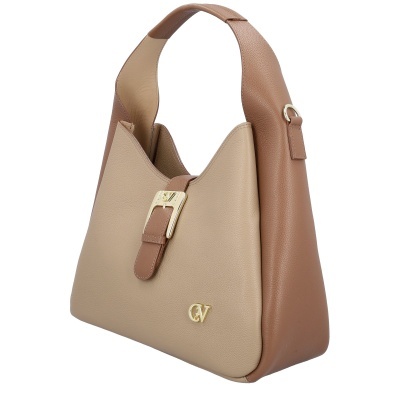 Mala castanha e bege em pele com fecho dourado