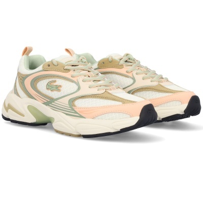 Sapatilhas desportivas Lacoste em branco, bege, verde e salmão com sola branca e preta.
