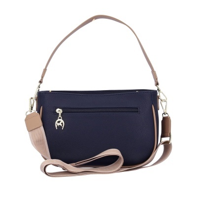 Mala de ombro azul escura com alças bege