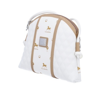 Bolsa de mão branca com padrão de cavalos e ferraduras douradas e acabamento bege