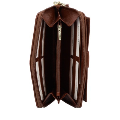 Carteira de pele castanha aberta com vários compartimentos e fecho de correr dourado