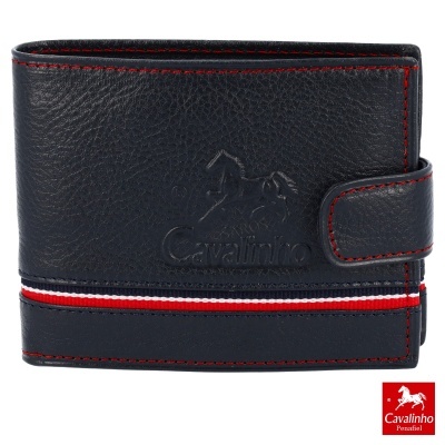 Carteira preta de couro Cavalinho com costura vermelha e faixa branca e vermelha