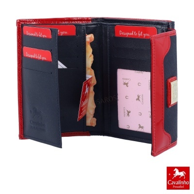 Carteira feminina em pele vermelha e preta com compartimentos