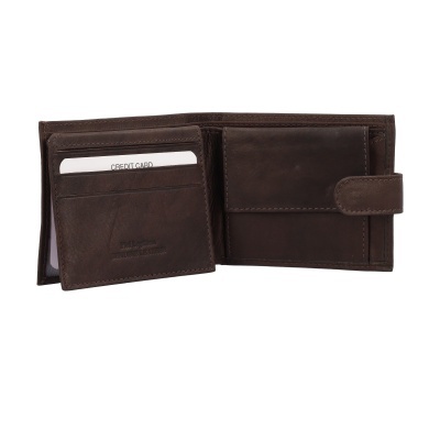 Carteira masculina em pele castanha escura com compartimentos para cartões e moedas.