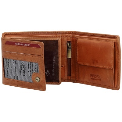 Carteira castanha de pele com compartimentos e texto TARJETA DE CREDITO e RFID PROTECTION