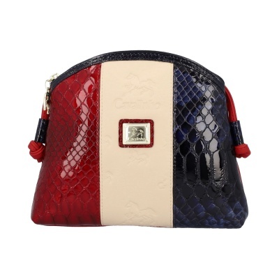 Mala pequena com padrão crocodilo em vermelho, azul escuro e faixa bege com relevo, placa metálica 