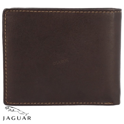 Carteira masculina de couro castanho escuro com costuras claras e logótipo Jaguar