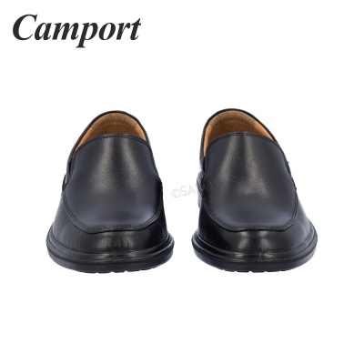 Sapatos mocassim pretos em couro com interior castanho e logótipo Camport