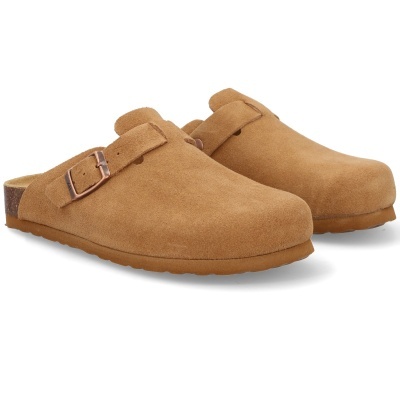 Sabrinas mule castanhas em camurça com fivela e sola de cortiça e borracha