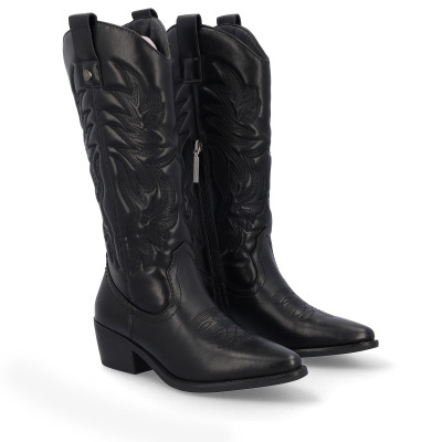 Botas cowboy pretas de couro com bordados e salto baixo