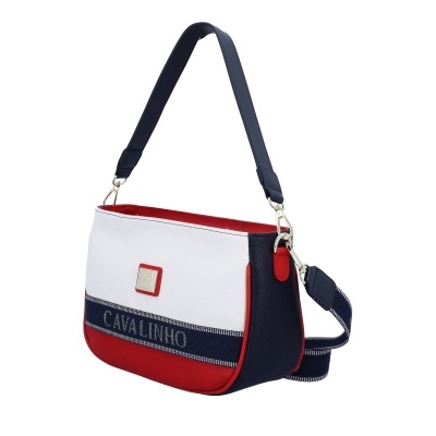 Mala de ombro branca, vermelha e azul escuro com alça destacável e texto CAVALINHO