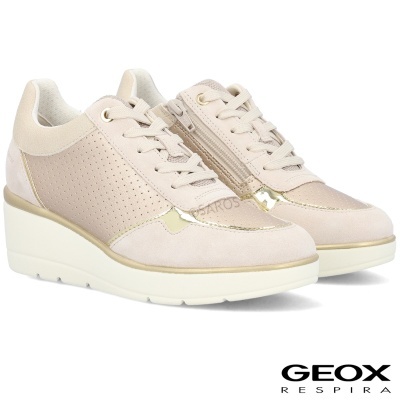 Sapatilhas femininas bege Geox com atacadores e fecho de correr lateral