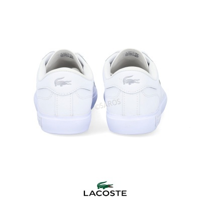 Sapatilhas brancas de couro Lacoste vistas de trás com logótipo do crocodilo