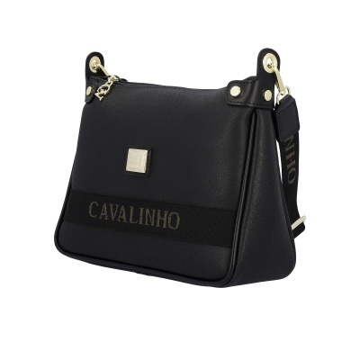 Mala de ombro preta com detalhes dourados e logo Cavalinho