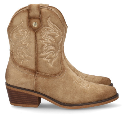 Botas cowboy bege em camurça com bordados e salto médio em madeira