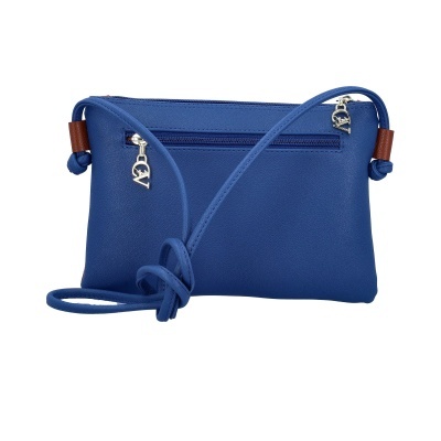 Mala azul com fecho e alça finos e detalhes marrons e dourados