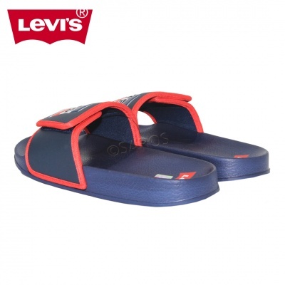 Chinelos Levi's azuis com detalhes vermelhos e correia de velcro