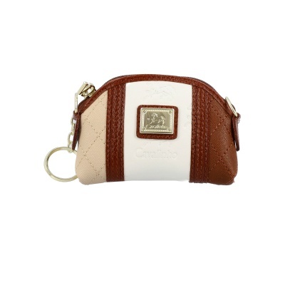 Bolsa pequena bege, branca e castanha com fecho e logótipo dourado Cavalinho