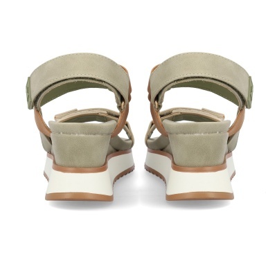 Sandálias femininas cinza claro com sola branca e castanha vistas de trás