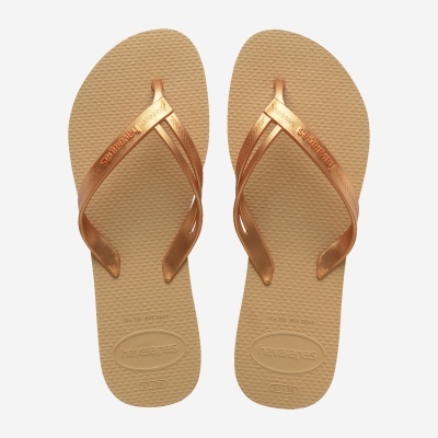 Chinelos Havaianas castanho claro com tiras douradas